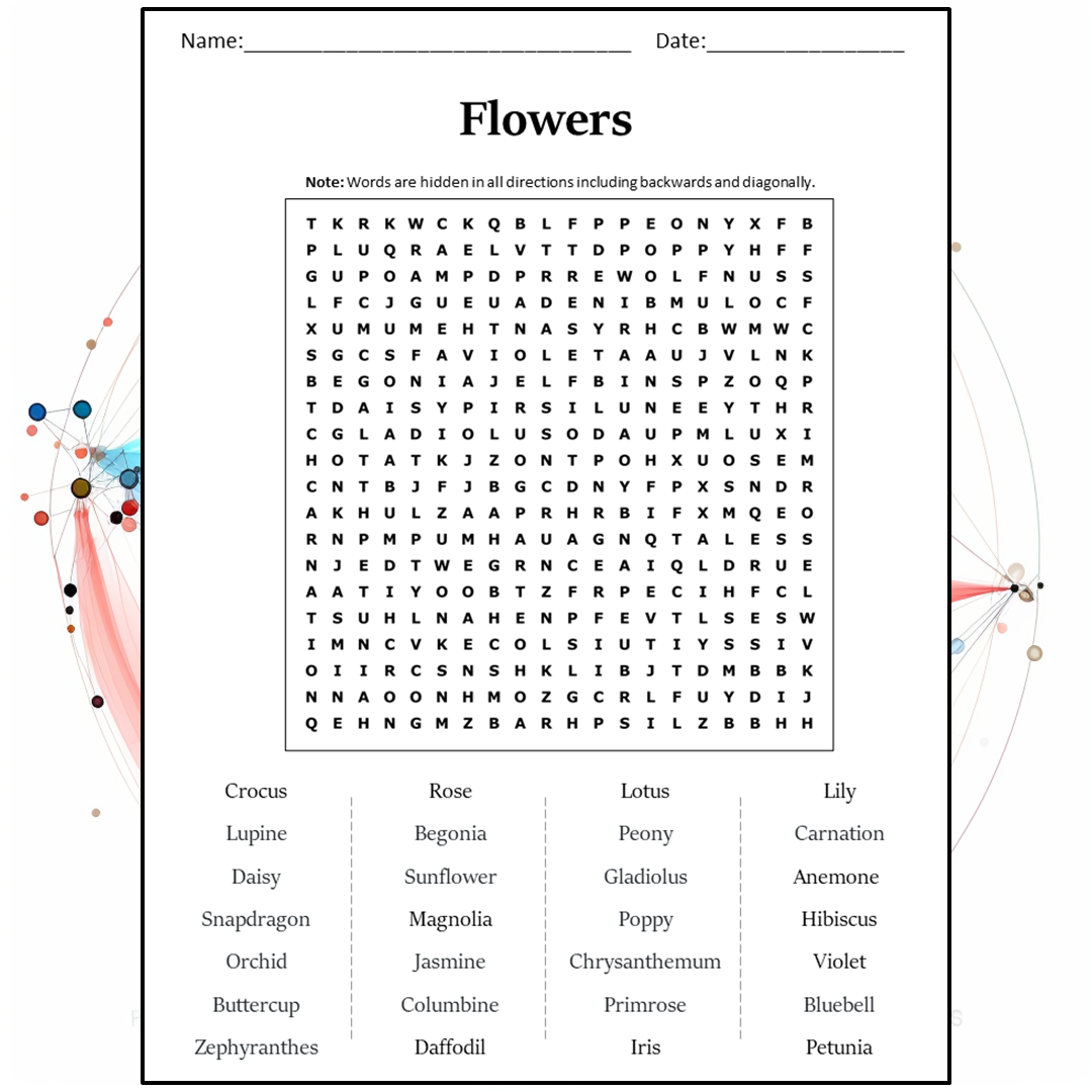 Flowers Word Search Puzzle Worksheet Activity PDF