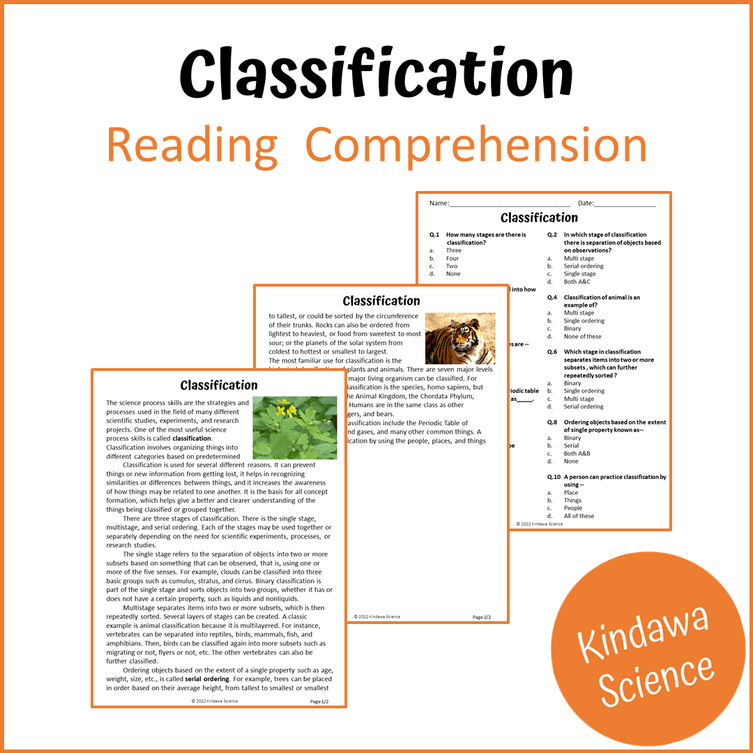 Classification Reading Comprehension Passage and Questions | Printable ...
