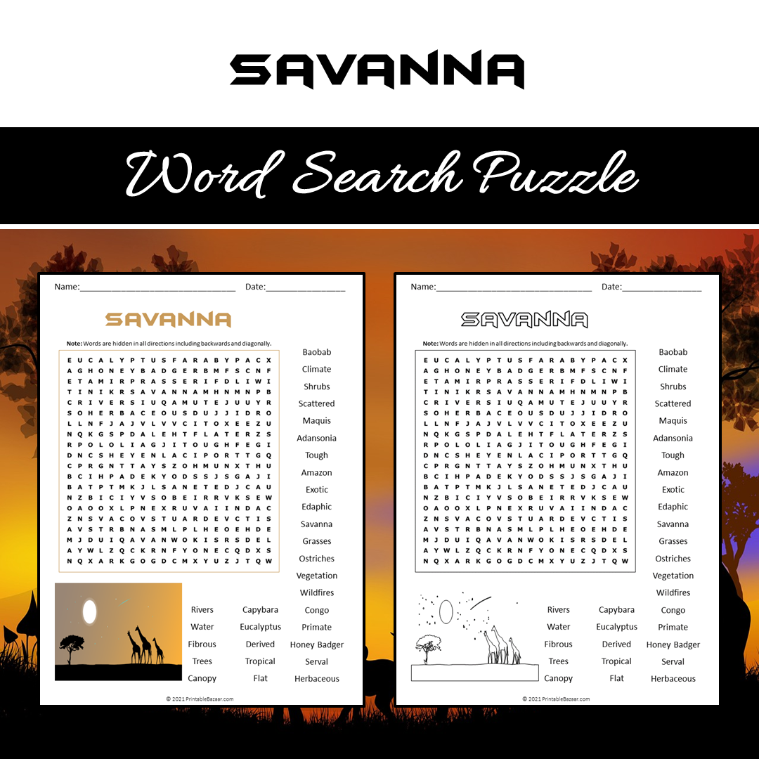 Savanna Word Search Puzzle Worksheet PDF