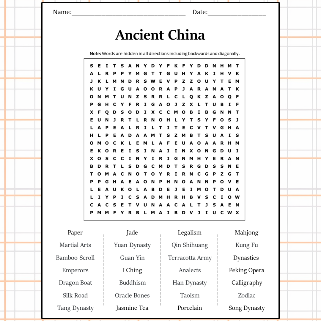 Ancient China Word Search Puzzle Worksheet Activity PDF