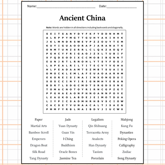 Ancient China Word Search Puzzle Worksheet Activity PDF