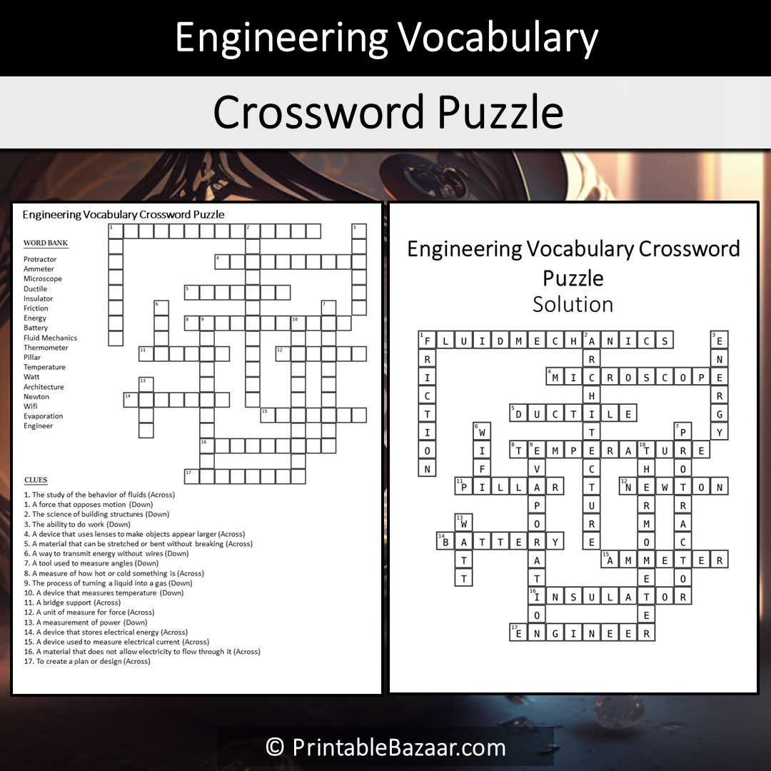 Engineering Vocabulary Crossword Puzzle Worksheet Activity Printable PDF