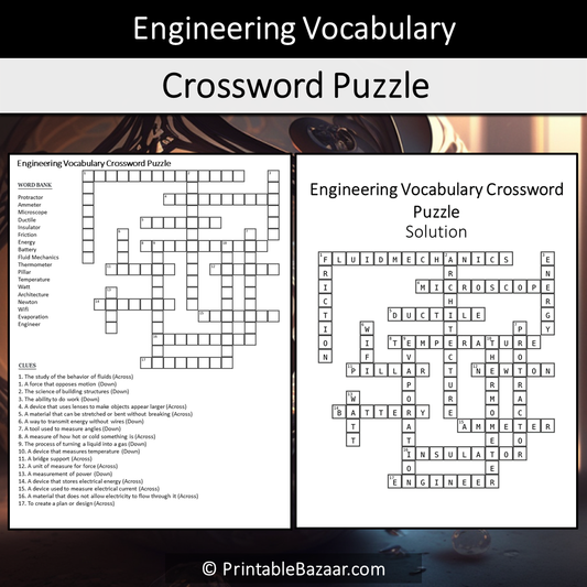 Engineering Vocabulary Crossword Puzzle Worksheet Activity Printable PDF