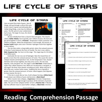 Life Cycle Of Stars Reading Comprehension Passage and Questions | Printable PDF