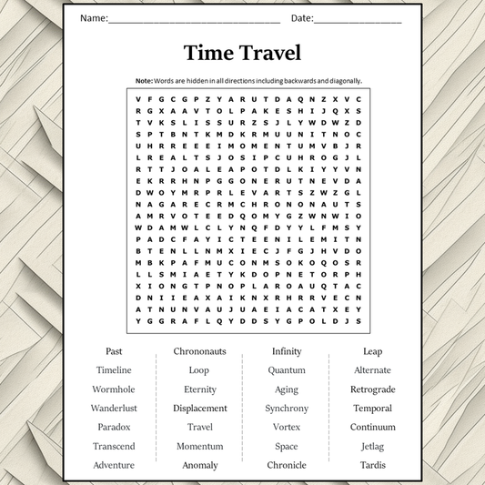 Time Travel Word Search Puzzle Worksheet Activity PDF