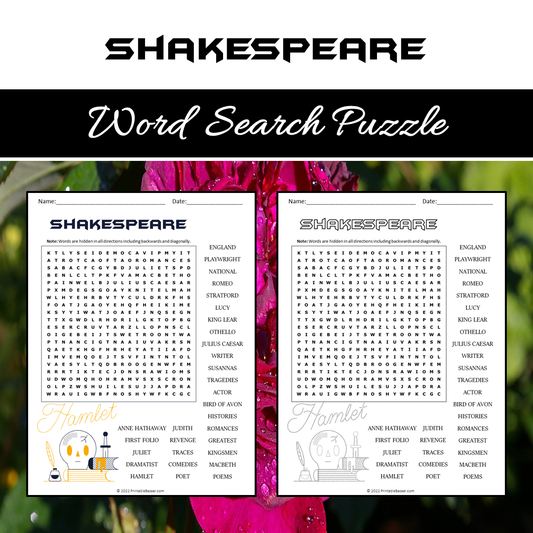 Shakespeare Word Search Puzzle Worksheet PDF