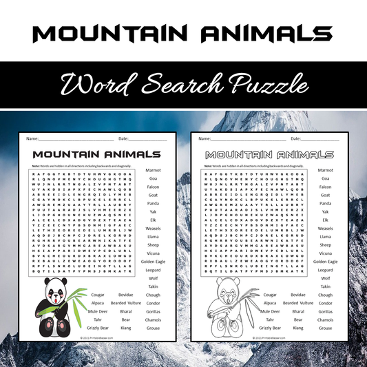 Mountain Animals Word Search Puzzle Worksheet PDF