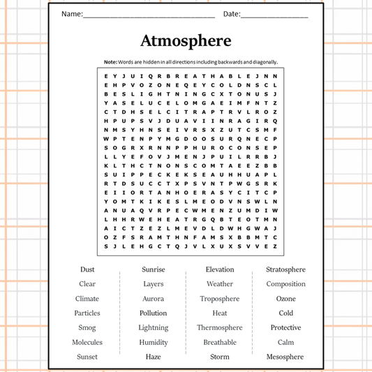 Atmosphere Word Search Puzzle Worksheet Activity PDF