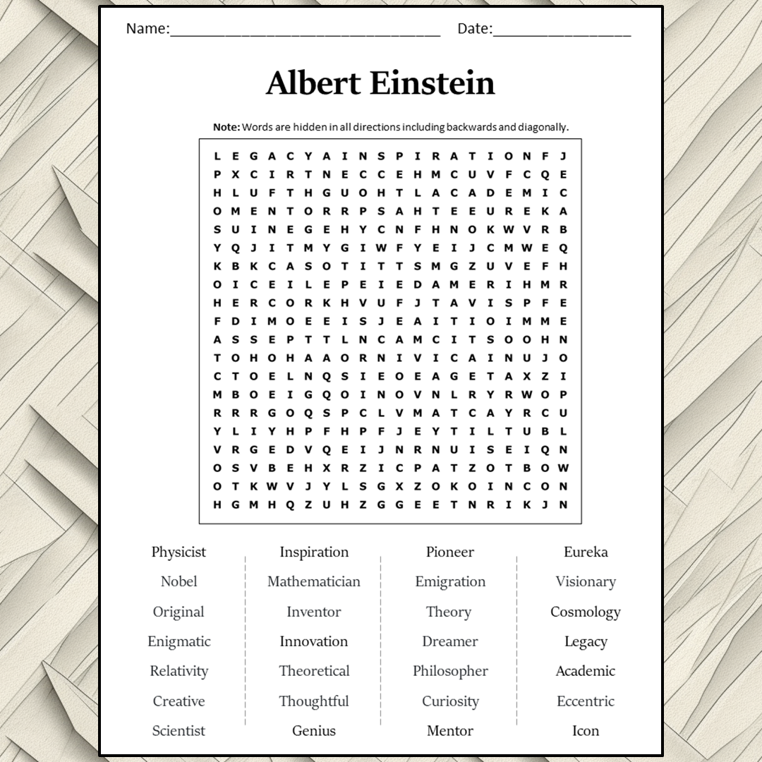 Albert Einstein Word Search Puzzle Worksheet Activity PDF