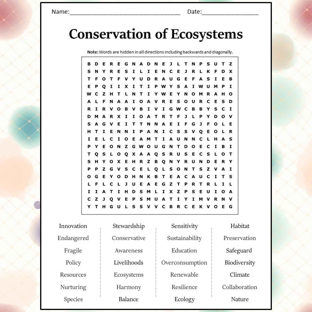 Conservation Of Ecosystems Word Search Puzzle Worksheet Activity PDF