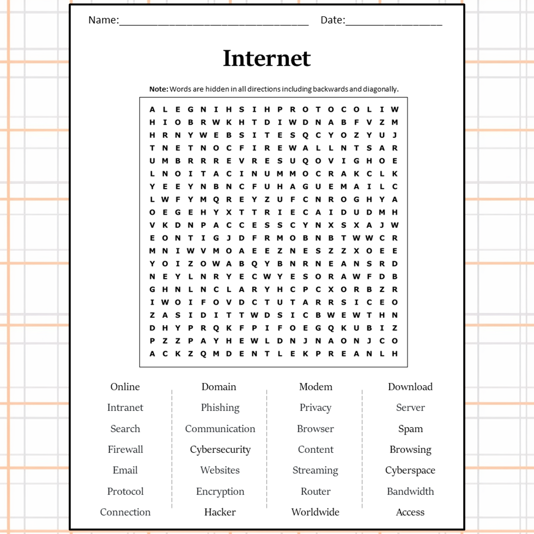 Internet Word Search Puzzle Worksheet Activity PDF