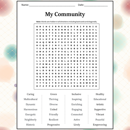 My Community Word Search Puzzle Worksheet Activity PDF