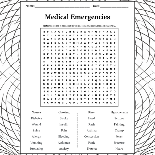 Medical Emergencies Word Search Puzzle Worksheet Activity PDF