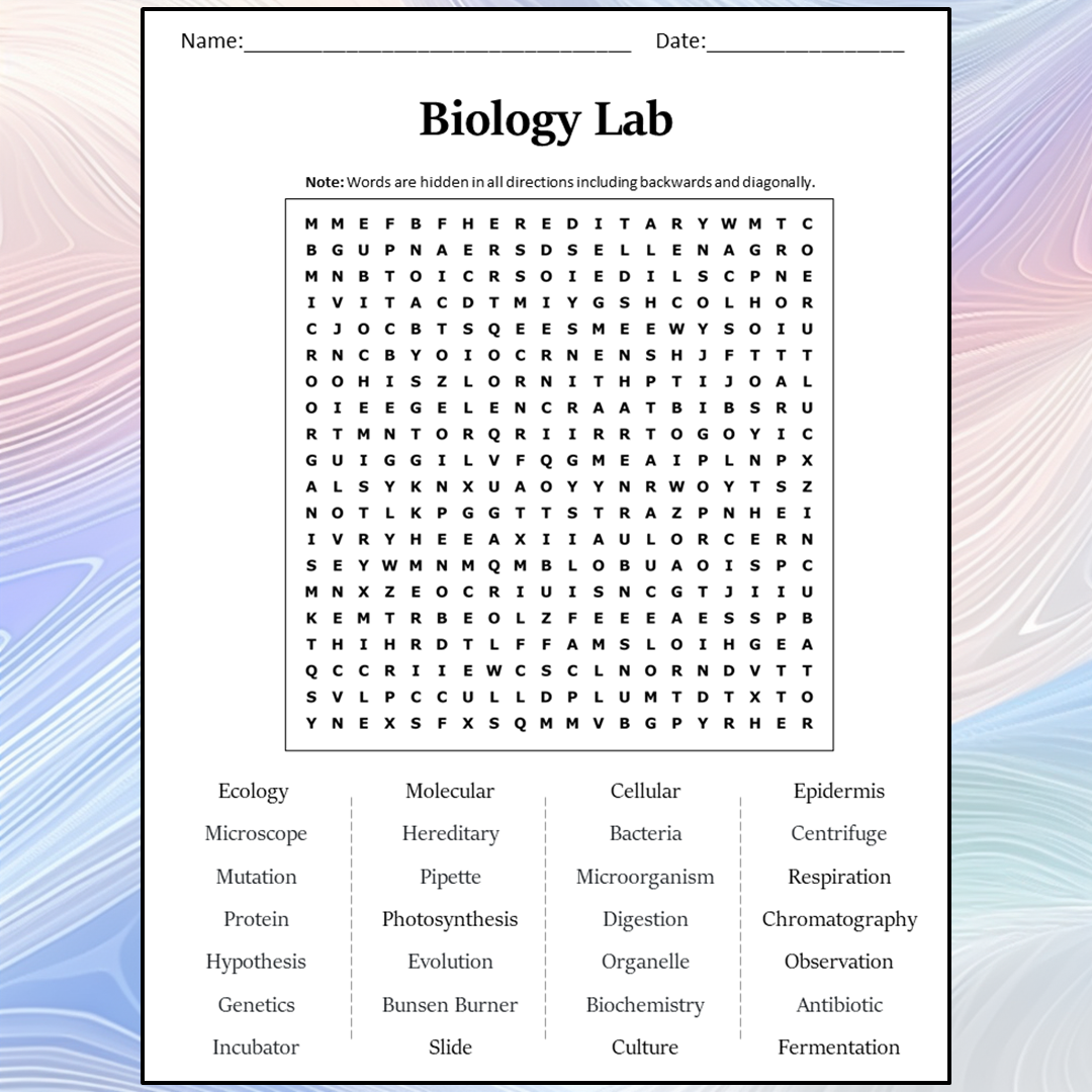 Biology Lab Word Search Puzzle Worksheet Activity PDF