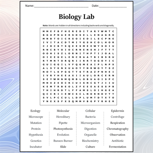 Biology Lab Word Search Puzzle Worksheet Activity PDF