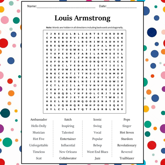 Louis Armstrong Word Search Puzzle Worksheet Activity PDF