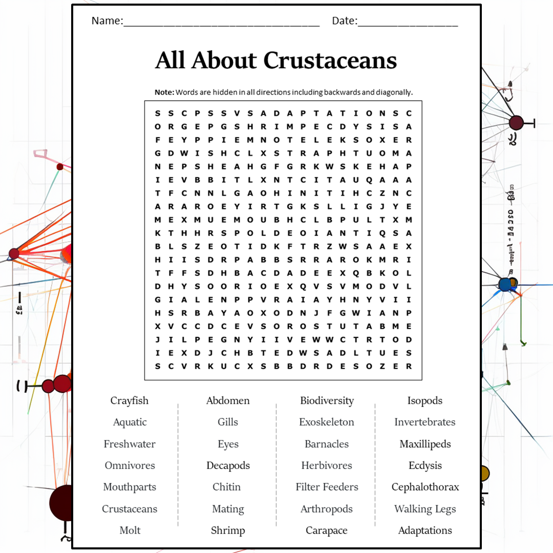 All About Crustaceans Word Search Puzzle Worksheet Activity PDF