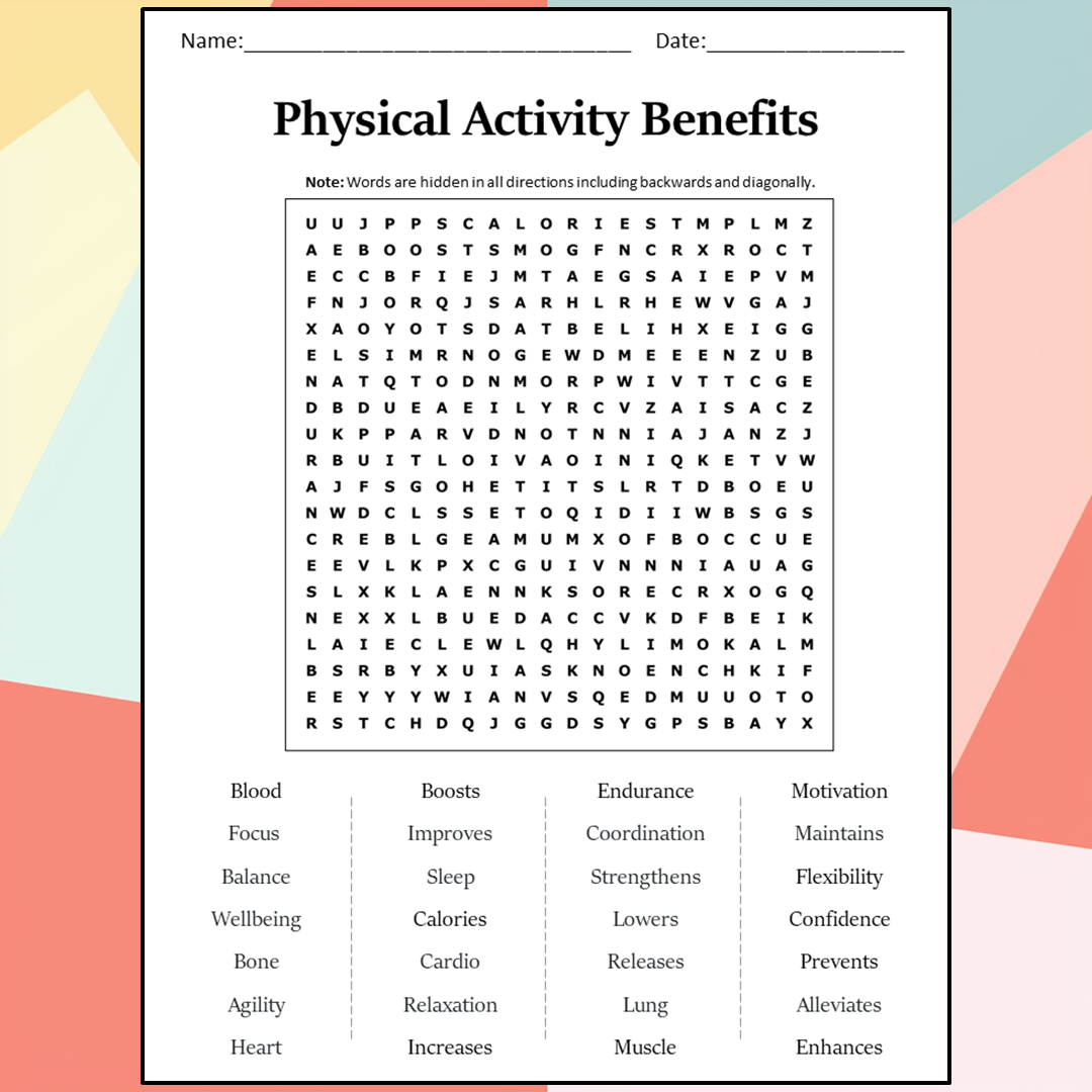 Physical Activity Benefits Word Search Puzzle Worksheet Activity PDF