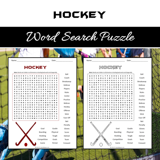 Hockey Word Search Puzzle Worksheet PDF