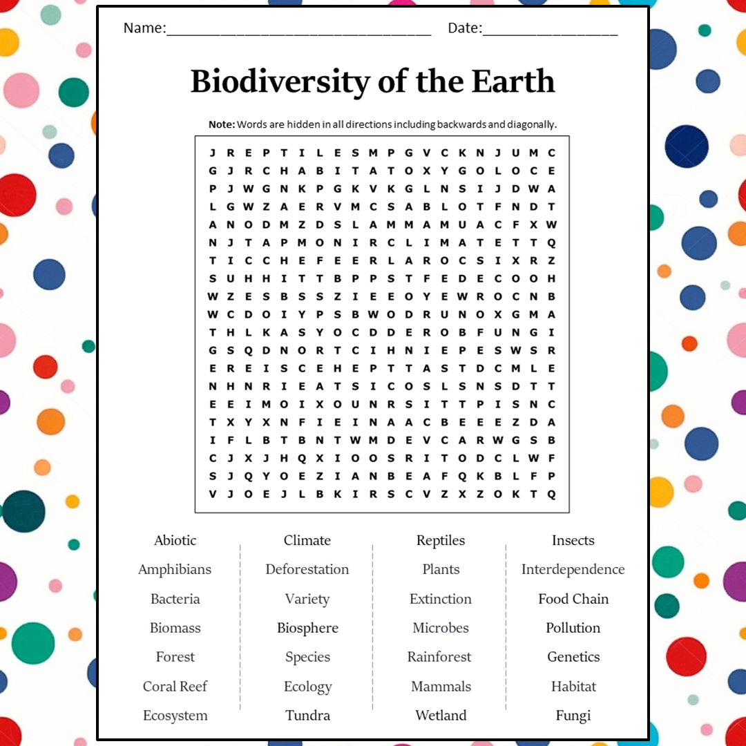 Biodiversity Of The Earth Word Search Puzzle Worksheet Activity PDF