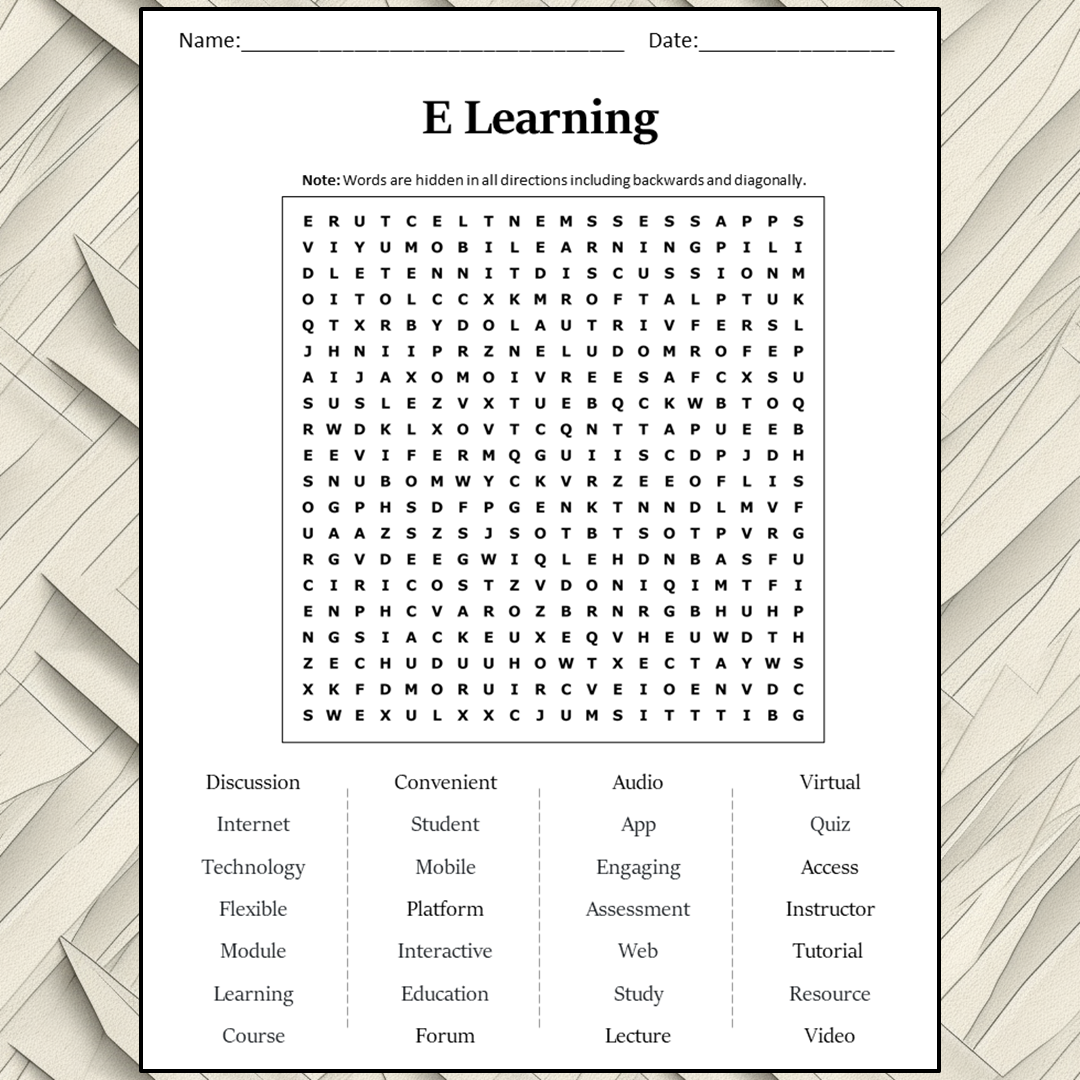 E Learning Word Search Puzzle Worksheet Activity PDF