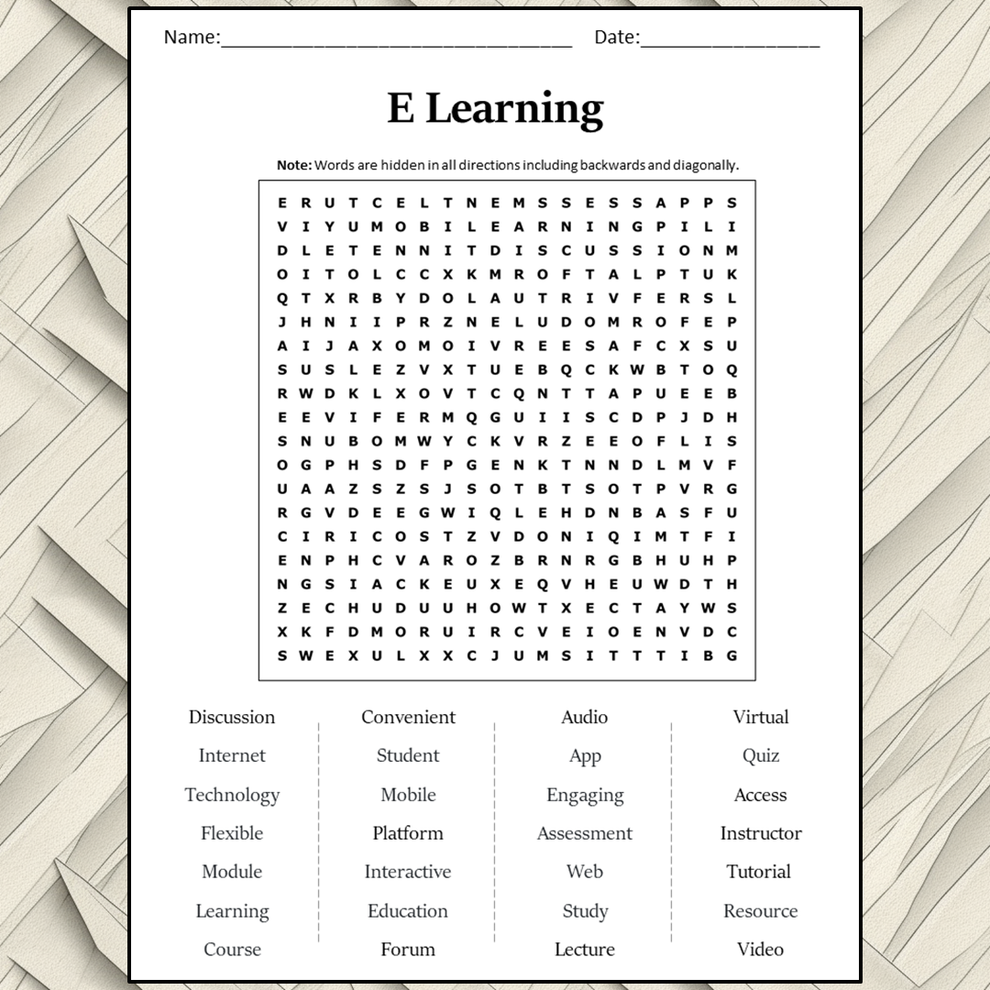 E Learning Word Search Puzzle Worksheet Activity PDF – PrintableBazaar