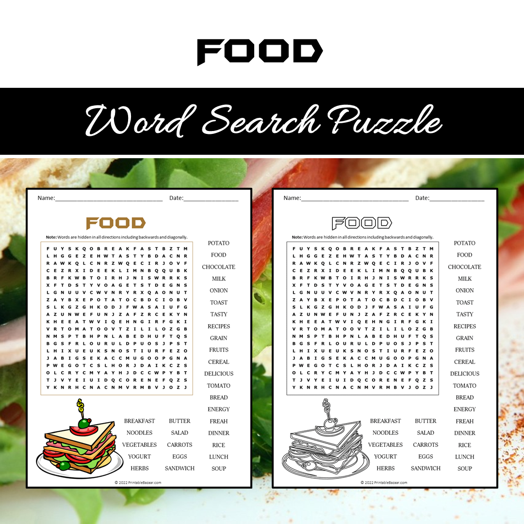 Food Word Search Puzzle Worksheet PDF