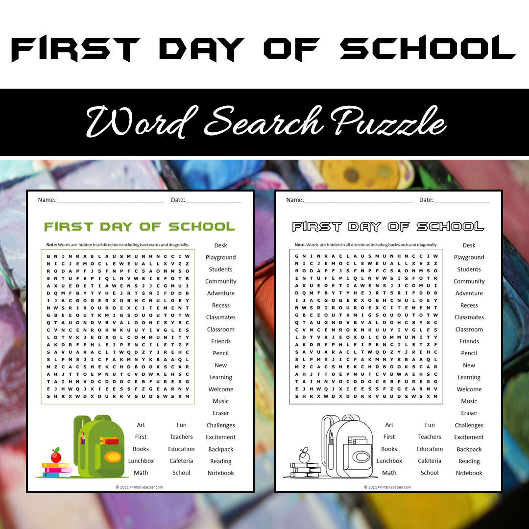 First Day Of School Word Search Puzzle Worksheet PDF