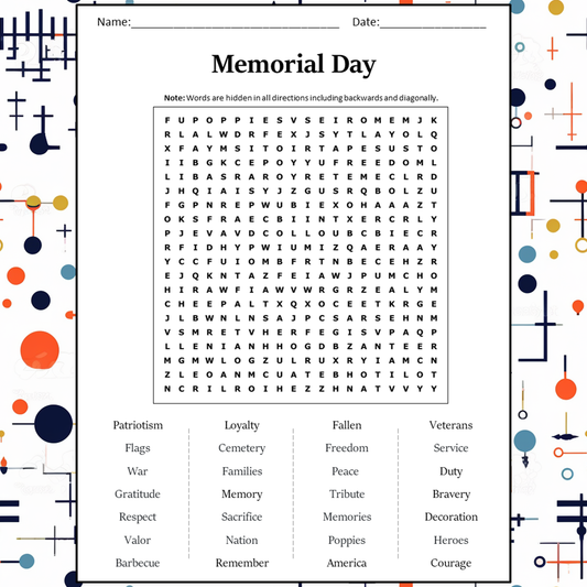 Memorial Day Word Search Puzzle Worksheet Activity PDF