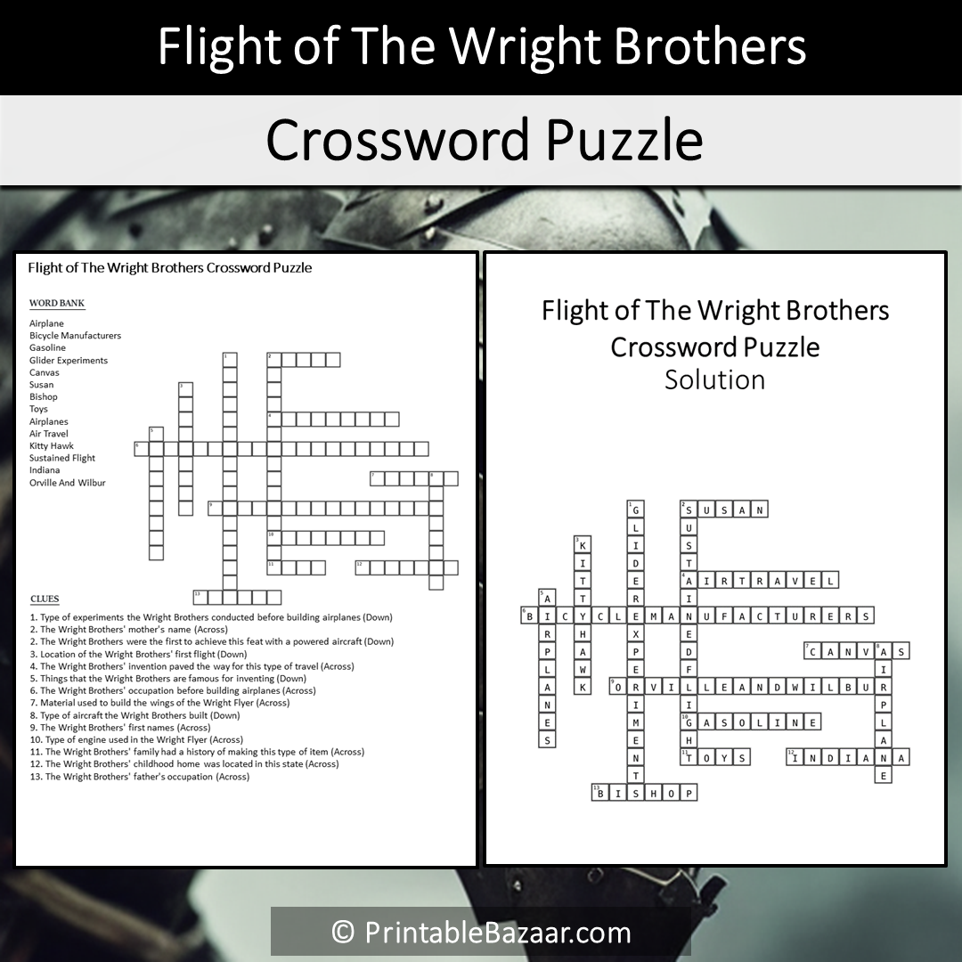 Flight Of The Wright Brothers Crossword Puzzle Worksheet Activity Printable PDF