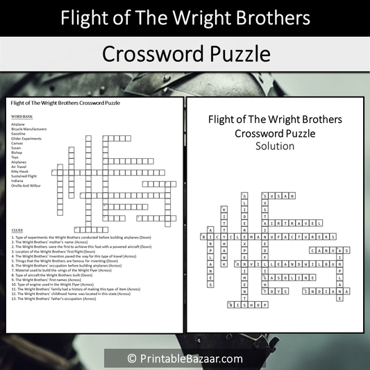 Flight Of The Wright Brothers Crossword Puzzle Worksheet Activity Printable PDF