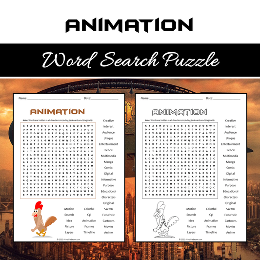 Animation Word Search Puzzle Worksheet PDF