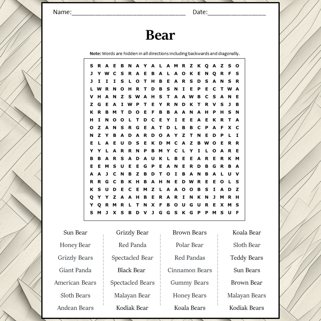 Bear Word Search Puzzle Worksheet Activity PDF