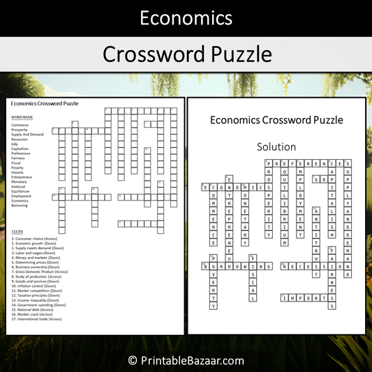 Economics Crossword Puzzle Worksheet Activity Printable PDF