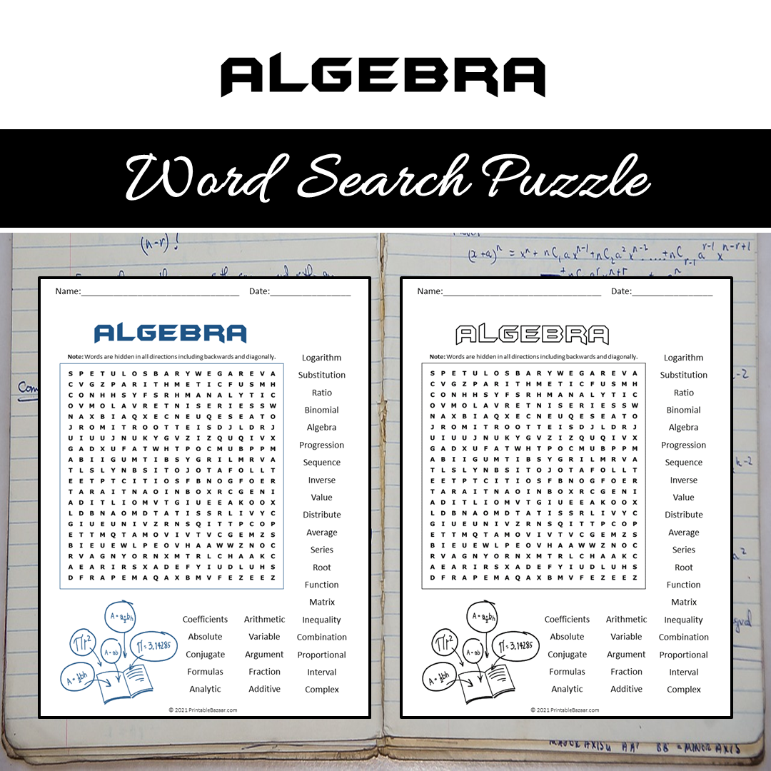 Algebra Word Search Puzzle Worksheet PDF