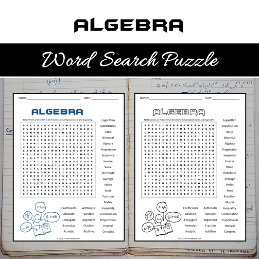 Algebra Word Search Puzzle Worksheet PDF