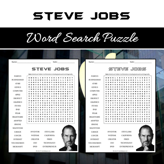 Steve Jobs Word Search Puzzle Worksheet PDF