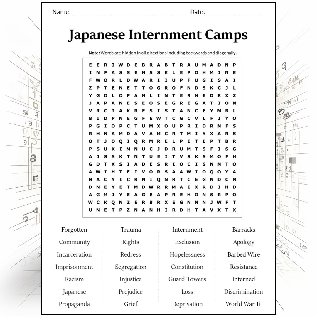 Japanese Internment Camps Word Search Puzzle Worksheet Activity PDF