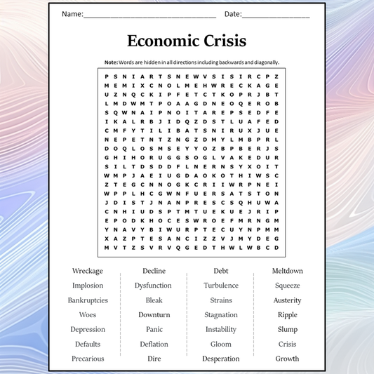 Economic Crisis Word Search Puzzle Worksheet Activity PDF