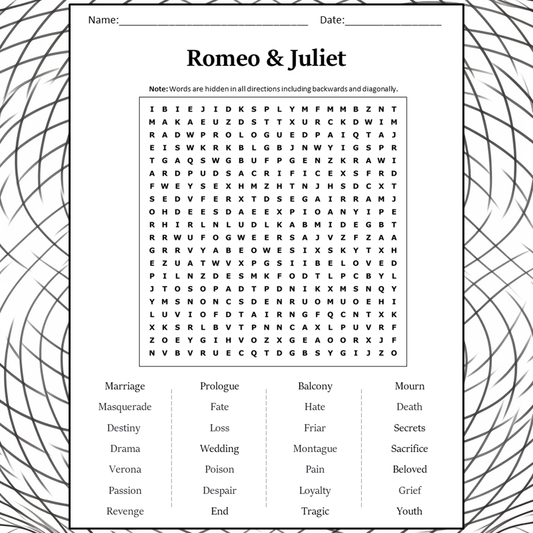 Romeo & Juliet Word Search Puzzle Worksheet Activity PDF