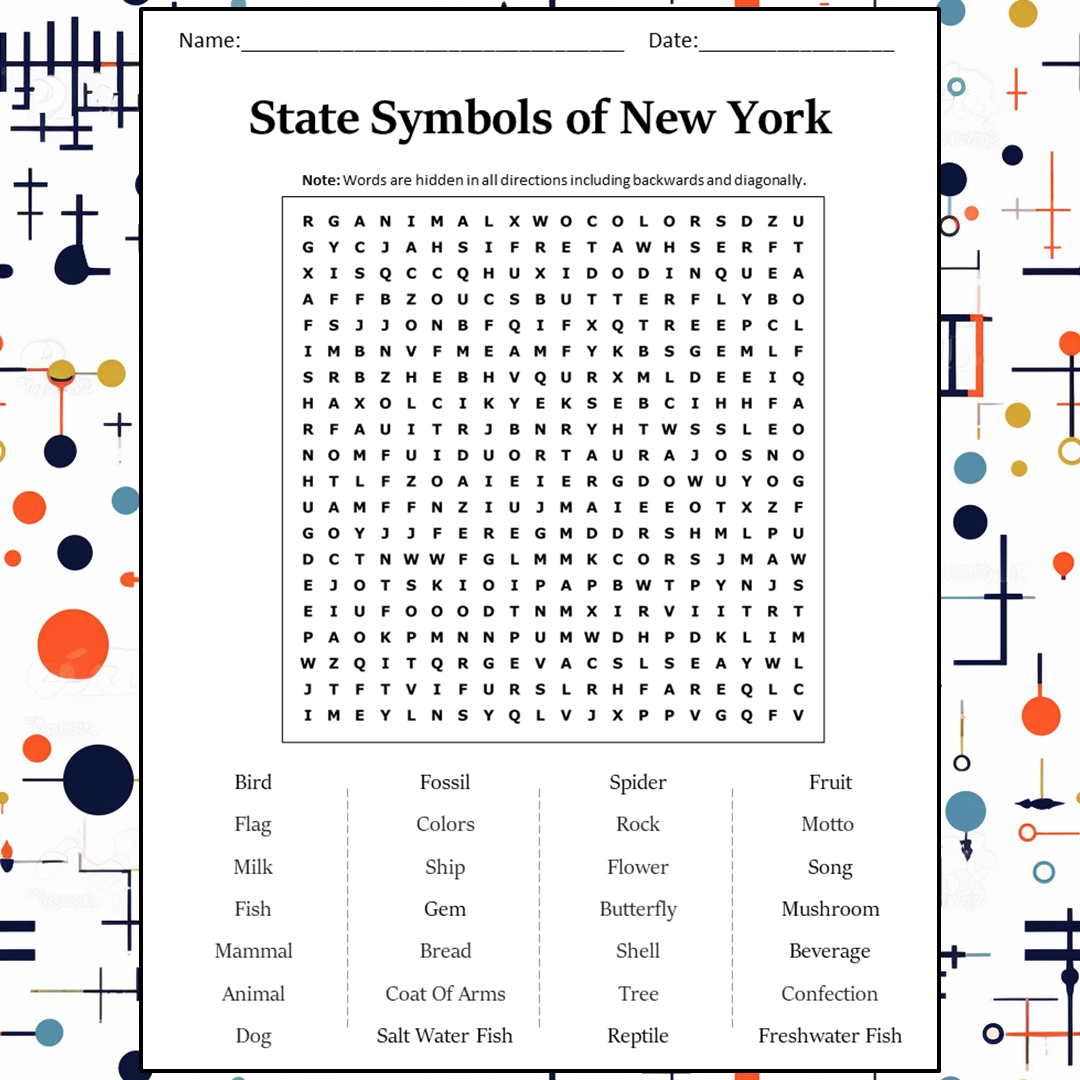 State Symbols Of New York Word Search Puzzle Worksheet Activity PDF