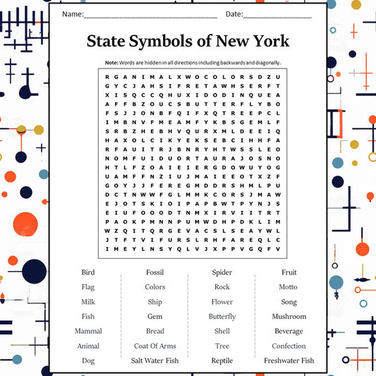 State Symbols Of New York Word Search Puzzle Worksheet Activity PDF