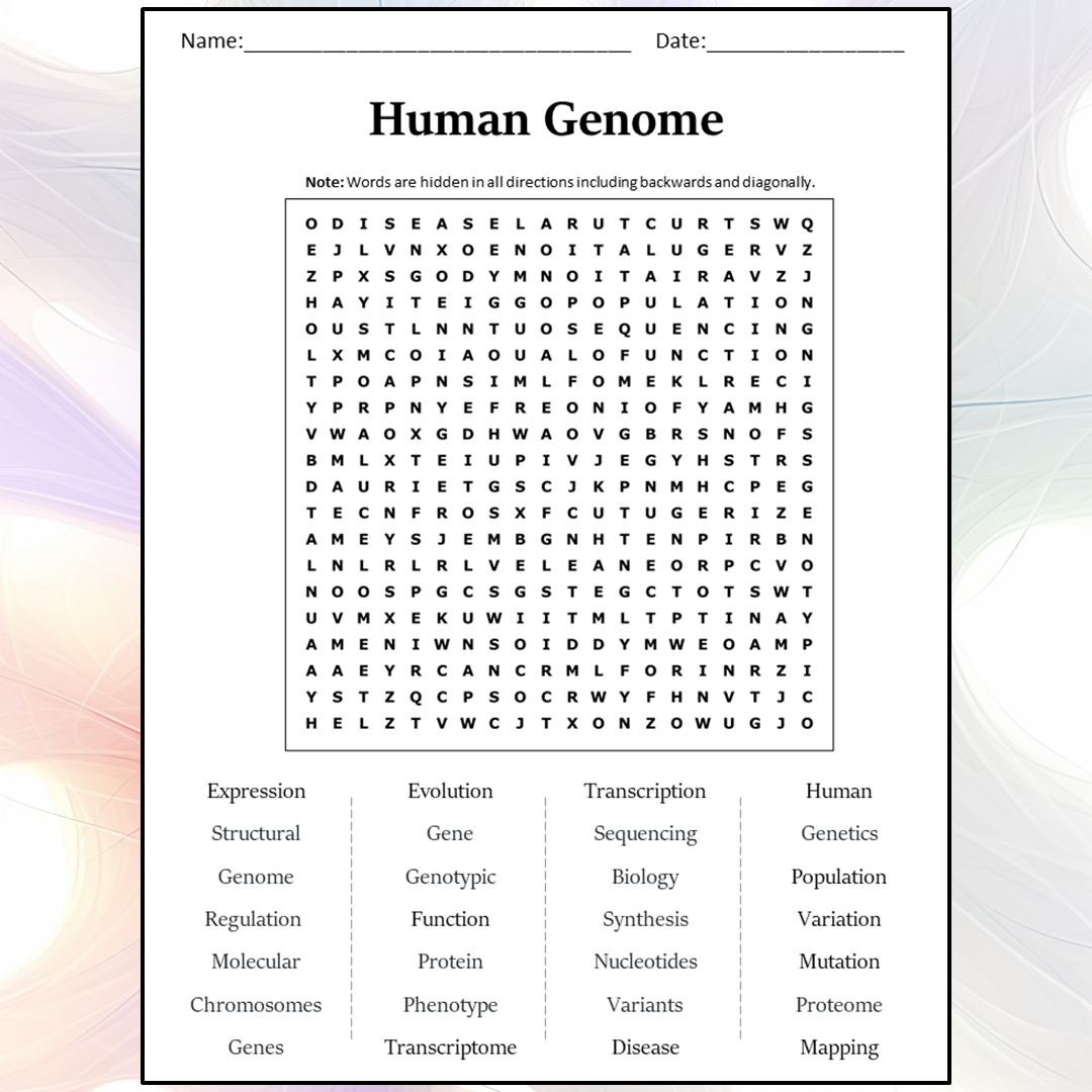 Human Genome Word Search Puzzle Worksheet Activity PDF