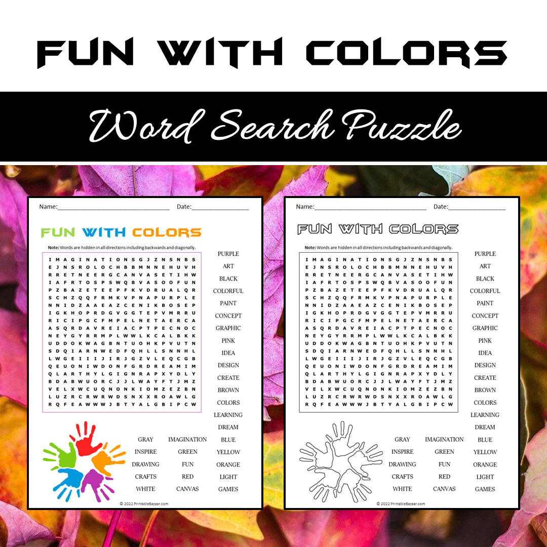Fun With Colors Word Search Puzzle Worksheet PDF