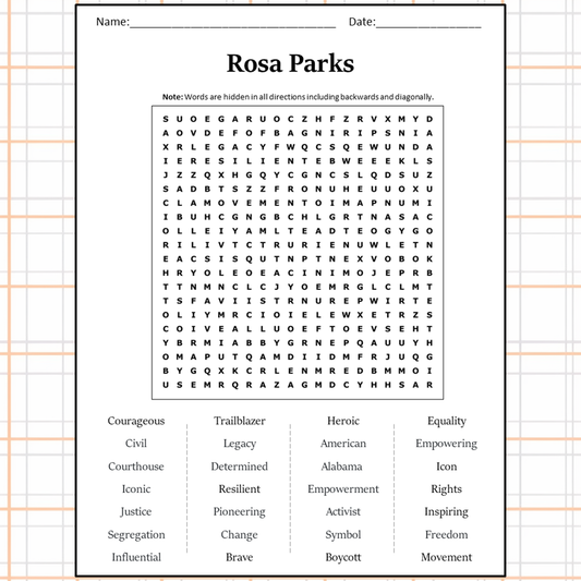 Rosa Parks Word Search Puzzle Worksheet Activity PDF