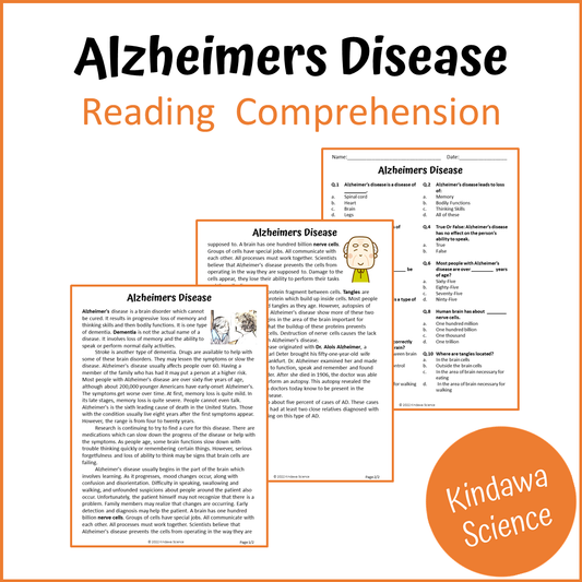 Alzheimers Disease Reading Comprehension Passage and Questions | Printable PDF