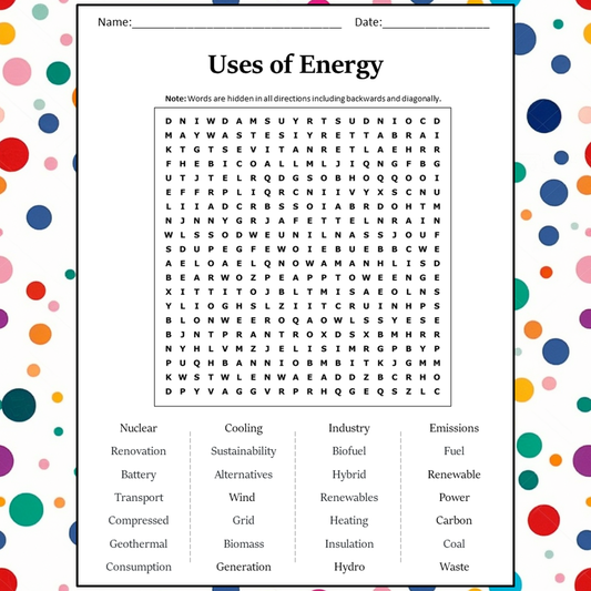 Uses Of Energy Word Search Puzzle Worksheet Activity PDF