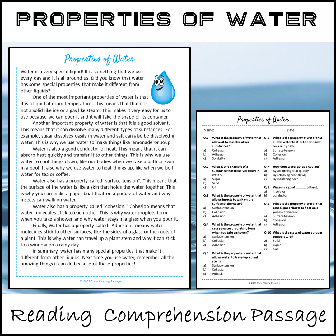 Properties Of Water Reading Comprehension Passage and Questions | Printable PDF