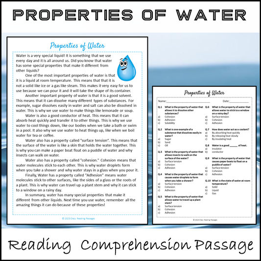 Properties Of Water Reading Comprehension Passage and Questions | Printable PDF