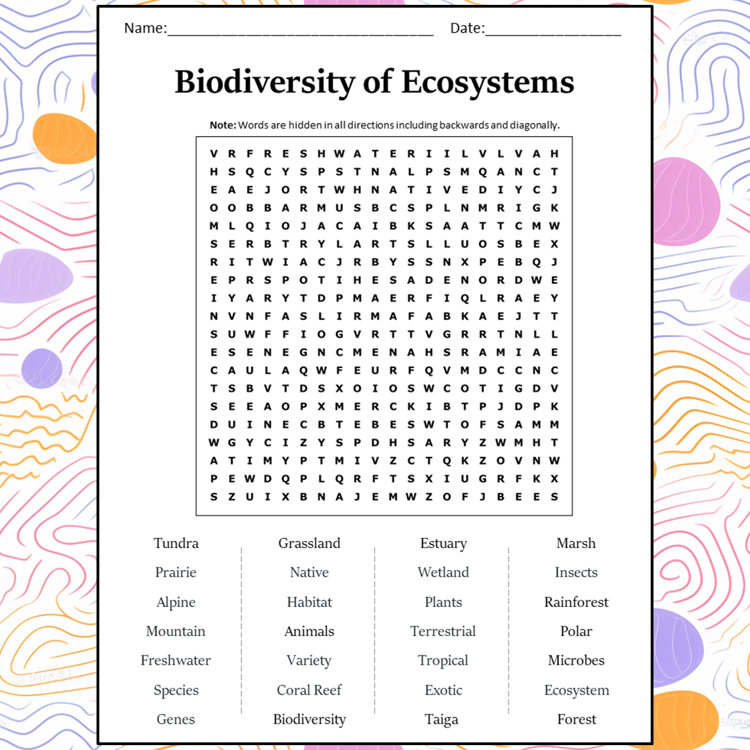 Biodiversity Of Ecosystems Word Search Puzzle Worksheet Activity PDF